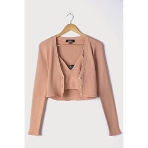 Lulus Two Cute Peach Ribbed Knit Crop Top And Cardigan Sweater Set Orange